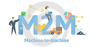 M2M, machine to machine. Concept with keywords, letters and icons. Flat vector illustration. Isolated on white