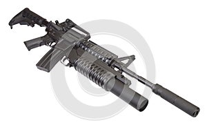 M4 carbine with silencer equipped with an M203 grenade launcher