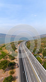 The M6 motorway Expressway Nakhon Ratchasima Province - Bang Pa-in. Lam Ta Khong River and Mountain. Drone shot of scenic