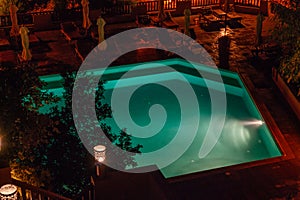 Ma\'in hot springs resort and Spa - oldest resort in Jordan. View of illuminated pool in spa hotel - hot springs