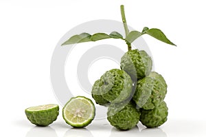 Ma-krut thai name or Kaffir lime or leech lime or Mauritius Papeda or Bergamot. (Citrus hystrix DC.) Rutaceae.