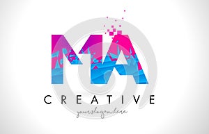 MA M A Letter Logo with Shattered Broken Blue Pink Texture Design Vector.