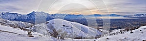 Maack Hill Sensei trail snowy mountain valley views in Lone Peak Wilderness Wasatch Rocky Mountains, Utah.