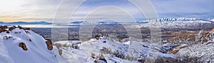 Maack Hill Sensei trail snowy mountain valley views in Lone Peak Wilderness Wasatch Rocky Mountains, Utah.