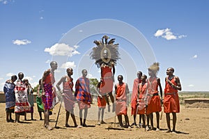 Maasai men jumping in a group dance