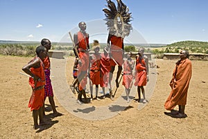 Maasai men jumping in a group dance