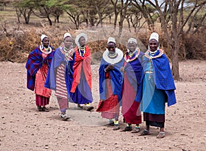 Maasai women in front of their village in Tanzania, Africa
