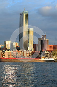 Maastoren scyscraper in Rotterdam at sunset
