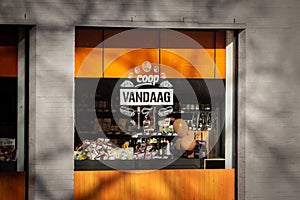 MAASTRICHT, NETHERLANDS - NOVEMBER 10, 2022: : Logo of Coop Vandaag on their convenience store for Maastricht. Coop Vandaag is a