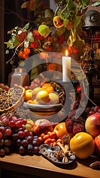 Mabon home altar. Beautiful ripe fruits, flowers and burning candles on the table, close-up, vertical image photo
