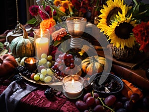 Mabon home altar. Ripe fruits, vegetables, flowers, burning candles on the table, close-up. photo