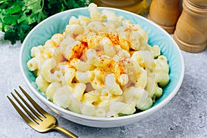 Mac and cheese, american style macaroni pasta with cheesy sauce