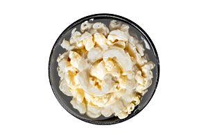 Mac and cheese, american style macaroni pasta in cheesy sauce. Isolated, white background.
