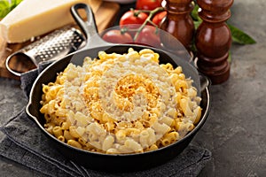 Mac and cheese in a cast iron pan photo