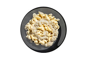 Mac and cheese. macaroni pasta in cheesy sauce. Isolated on white background.