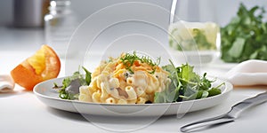 Mac and cheese on white plate served with greens and vegetables