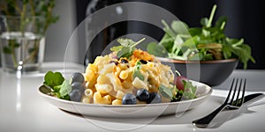 Mac and cheese on white plate served with greens and vegetables