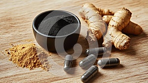 Maca Display Black Powder Capsules and Roots on Wooden Surface