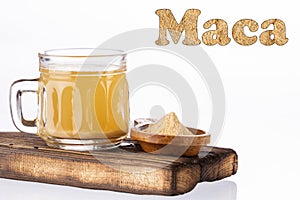 Maca root health drink in a glass with powdered - Lepidium meyenii