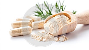 Maca Root Powder Scoop and Capsules on White Background