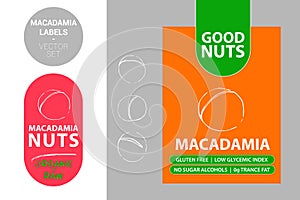 Macadamia  Nut Badge with text: gluten free, low glycemic index, no sugar alcohols, 0g trance fat. Raw organic sticker