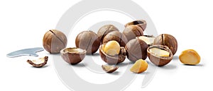 Macadamia nuts with broken nutshell and tool isolated on white background