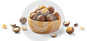 Macadamia nuts in wooden bowl with broken macadamia isolated on white background