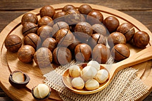 Macadamia nuts on a wooden table
