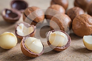 Macadamia nuts on wooden table