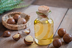 Macadamia oil in bottle and macadamia nuts on wooden table