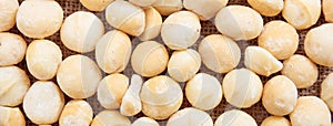 Macadamias nuts full background, closeup view, banner