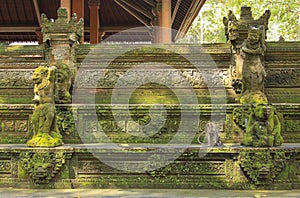 Macaque on the temple steps at Ubud Monkey Forest, Bali