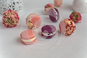 Macaron cake of different colors of large size in a beautiful layout