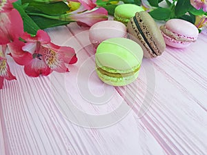 Macaron colorful sweet wooden background,vintage flower