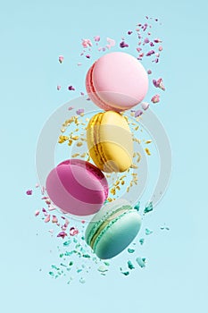 Macaron Dessert. Colorful Macaroons Flying