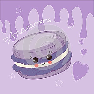 Macaron poster. Cute cookie with face. Comic confectionery food character. Purple background. Kitchen poster or cover