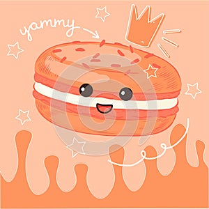 Macaron posters. Yummy sweet cookie. Cartoon food character. Smiling face. Happy cake. Cute dessert. Kawaii