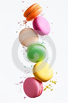 Macaron Sweets. Colorful Macaroons Flying