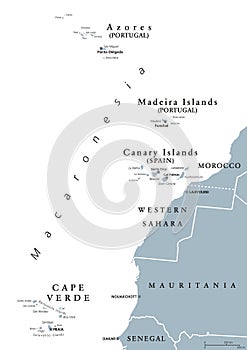 Macaronesia, gray map, Azores, Cape Verde, Madeira, Canary Islands