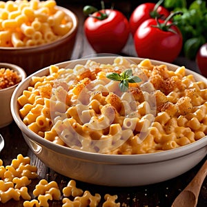 Macaroni and cheese, creamy pasta comfort food home cooking dish photo