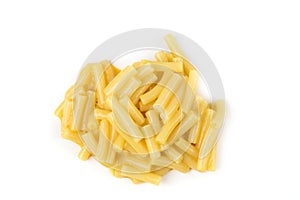 Macaroni and cheese dinner pasta. Orange cheesy pasta isolated over white. Top down view