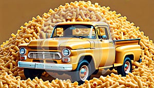 Macaroni cheese dinner pile old yellow pickup parked comedy