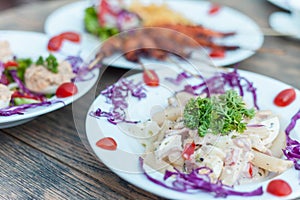 Macaroni cheese and ham on wooden background