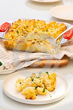 Macaroni and cheese. Homemade vegetarian lunch, dinner