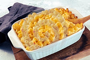 Macaroni and cheese pasta in a casserole. Cheesy American comfort food