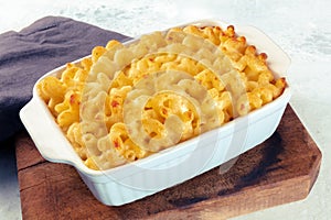 Macaroni and cheese pasta in a casserole. Cheesy American gratin dish