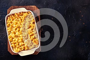 Macaroni and cheese pasta in a casserole dish, shot from the top