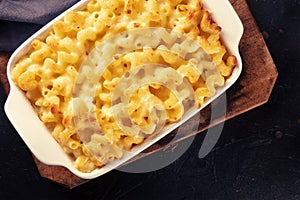 Macaroni and cheese pasta in a casserole, shot from above