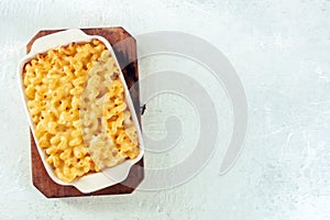 Macaroni and cheese pasta in a casserole, shot from the top
