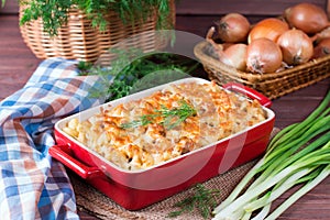 Macaroni, Chicken and Cheese Pasta Bake in a Ceramic Dish